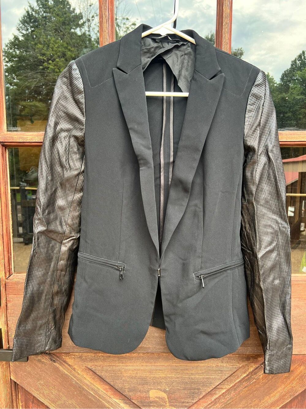 Rag & Bone Black Blazer Suit Jacket Lamb Leather Sleeves 0 XS Rock glam $400